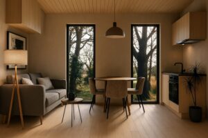 Modernes Wohnzimmer im Modulhaus ATHENA mit stilvollem Holzdesign, gemütlichem Sofa, warmem Lichtkonzept und einer eleganten Essbereich-Ecke.