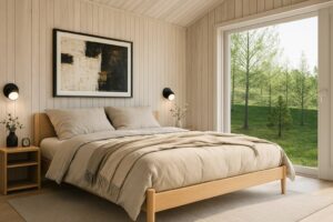 Lichtdurchflutetes Schlafzimmer mit großen Fenstern, modernem Holzdesign und gemütlicher Bettlandschaft.