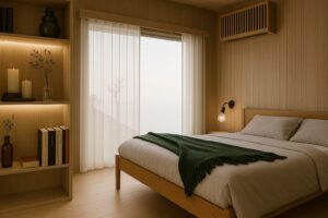 Modernes Schlafzimmer mit Holzverkleidung, stilvollen Wandlampen und gemütlichem Doppelbett mit grüner Decke.