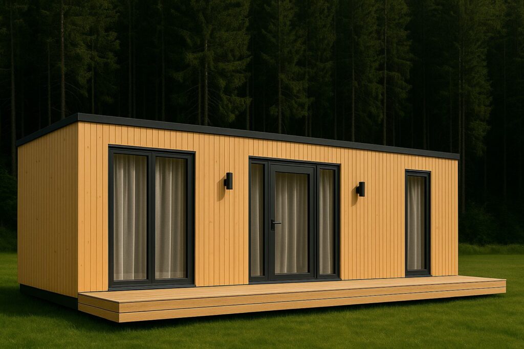 Modulhaus ATHENA mit Holzfassade, großen Fensterfronten und Terrasse in idyllischer Waldlage.