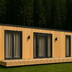 Modulhaus ATHENA mit Holzfassade, großen Fensterfronten und Terrasse in idyllischer Waldlage.