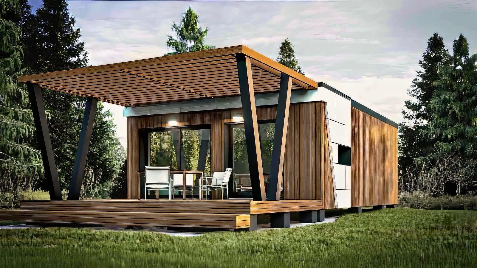 VISTA-Modulhaus mit stilvoller Pergola und großzügiger Holzterrasse